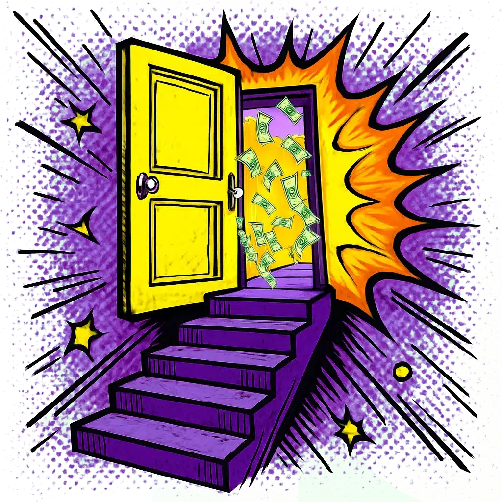 מדרגות מובילות לדלת שמאחוריה יש שטרות דולרים מתעופפים